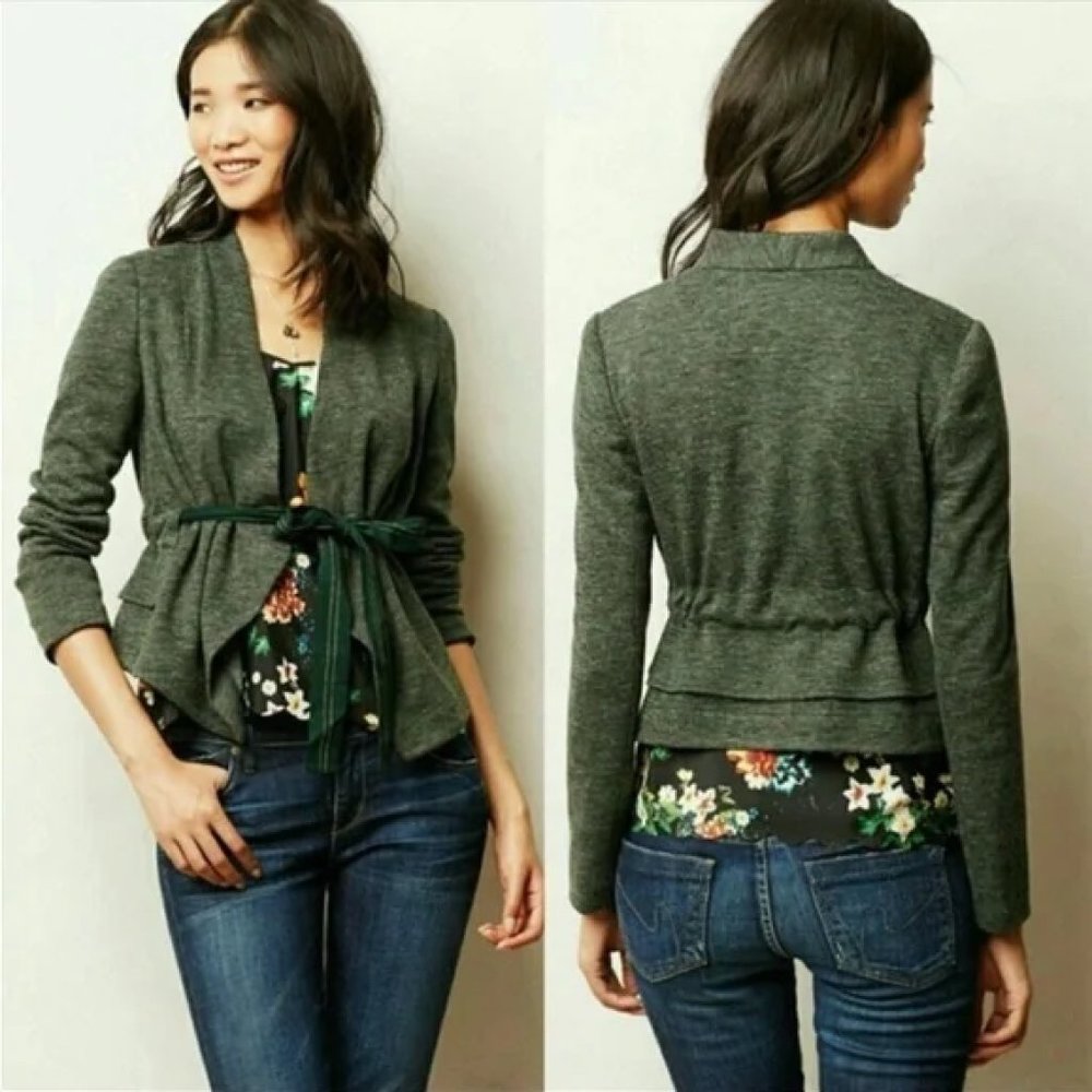 Anthropologie Cartonnier Moss Green Draped Peplum Jacket Medium